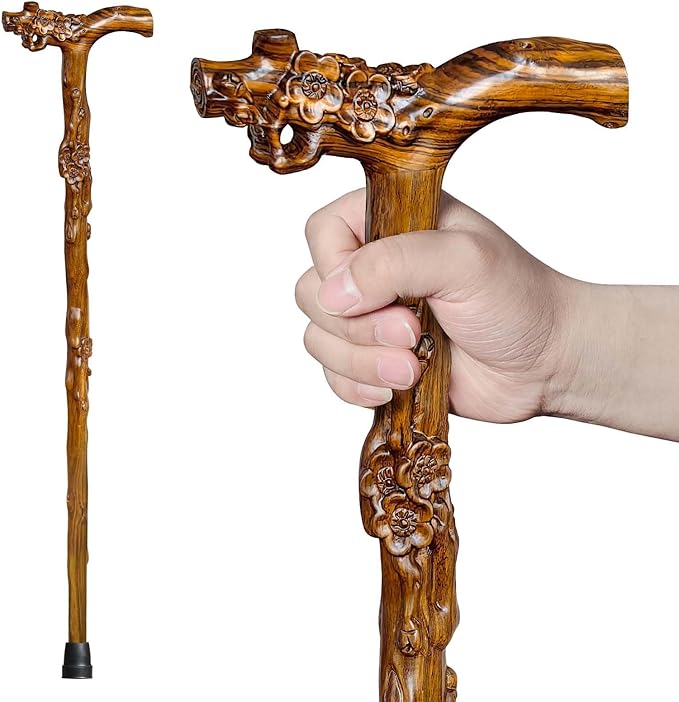 Wooden Walking Cane, Hand-Carved Wood Walking Cane for Men and Women, with Massage Function Support up to 500lbs, High-end Canes for Seniors Suitable for Gift Giving