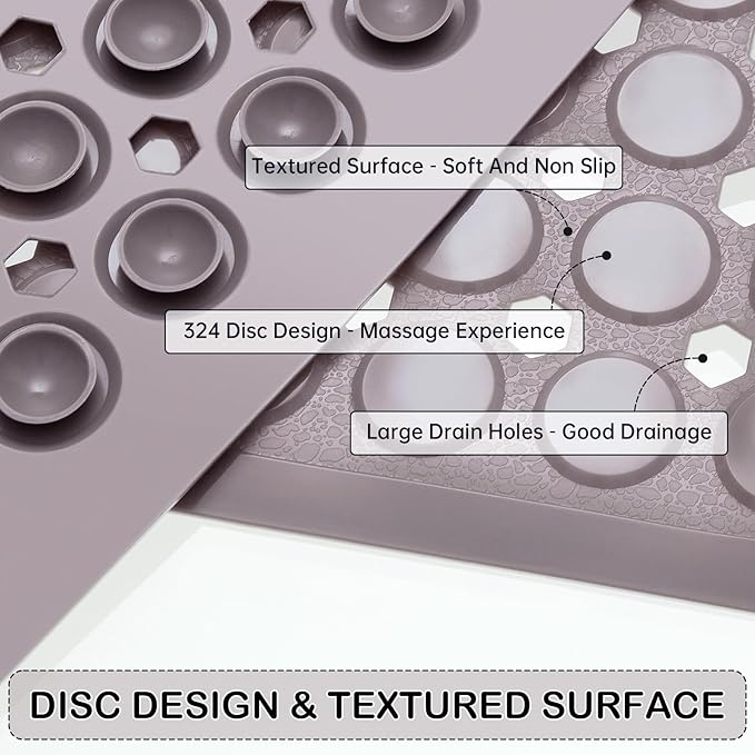 Linoows Non-Slip Bathtub and Shower Mats, Power Grip Bath Mat 35 x 16.3 Inch with Suction Cups and Drain Holes for Tub Bathroom Floor Safety, Machine Washable Soft Bathmat, Tan