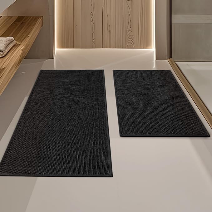 YIHOUSE Black Bathroom Rug Set, 2 Piece, 17"x24" + 17"x32", Non-Slip, Quick Dry, Machine Washable, Rustic Style
