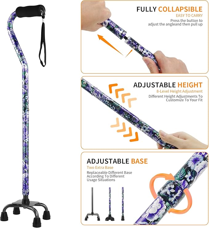 LIXIANG Walking Canes Stablize Women Quad Canes for Seniors & Adults Foldable Adjustable for Men & Women Heavy Duty Freestanding Cane for People with Leg Injuries 3 footings