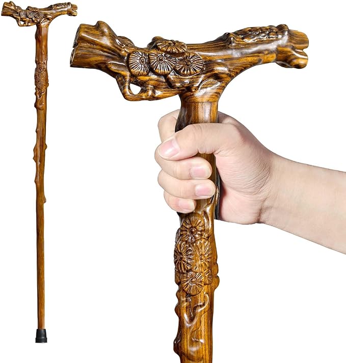 Wooden Walking Cane, Hand-Carved Wood Walking Cane for Men and Women, with Massage Function Support up to 500lbs, High-end Canes for Seniors Suitable for Gift Giving