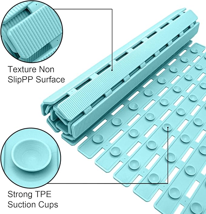MBOSS Bath Tub Shower Mat Non Slip Bathtub Mats for Bathroom Shower Floor Mat Bath Mats for Shower Tub Anti Slip Shower Mat with Drain Hole and Large Suction Cups (Aqua Blue, 27.5 X 15.7 Inch)