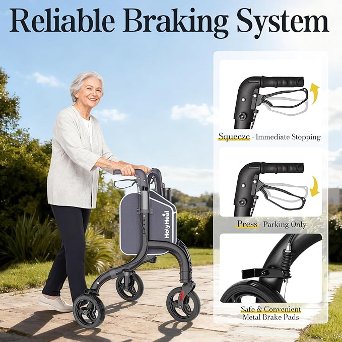 3 Wheel Walkers for Seniors, Lightweight Rollator Walkers Foldable for Elderly with Cane Hold and Cup Hold, Height Adjustable Aluminum Three Wheel Rolling Walker Mobility Aid, Black