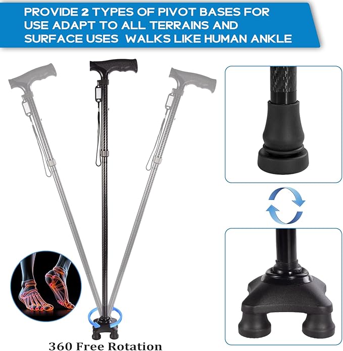 Folding Walking Quad Cane for Men and Women,Ultra Lightweight Sturdy Height Adjustable Nonslip Rubber Tips Free Standing Cane,Collapsible Walking Sticks for Seniors & Adults [Black]