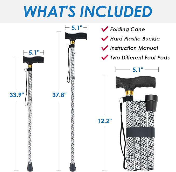 Walking Cane PANZHENG Cane for Man/Woman | Mobility & Daily Living Aids | 5-Level Height Adjustable Walking Stick | Comfortable Plastic T-Handle Portable Walking Stick Folding Cane