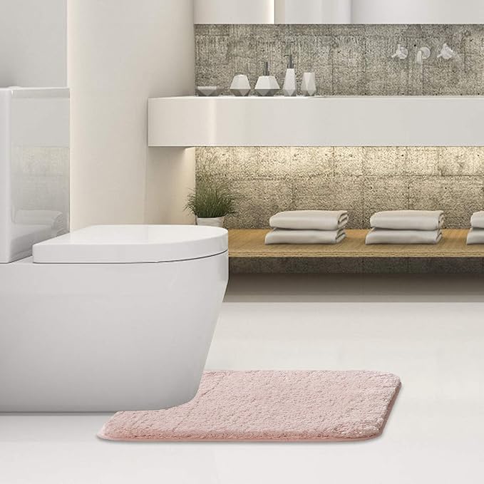 Suchtale Bathroom Contour Rug Non Slip Bath Mat Water Absorbent Soft Microfiber Shaggy Bathroom Mat Machine Washable Bath Rug for Bathroom Thick Plush U Shape Toilet Rug (20 x 24, Dusty Pink)