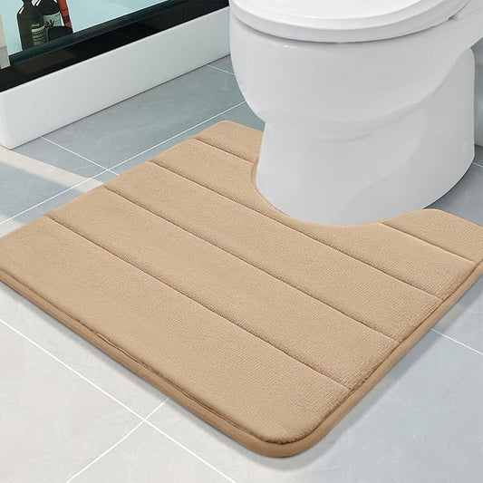 Buganda Memory Foam U-Shaped Contour Toilet Rugs, Non Slip Absorbent, Thick Soft Washable Bathroom Mat, Floor Carpet Bath Rugs Mat for Toilet Base (20" x 20", Camel)