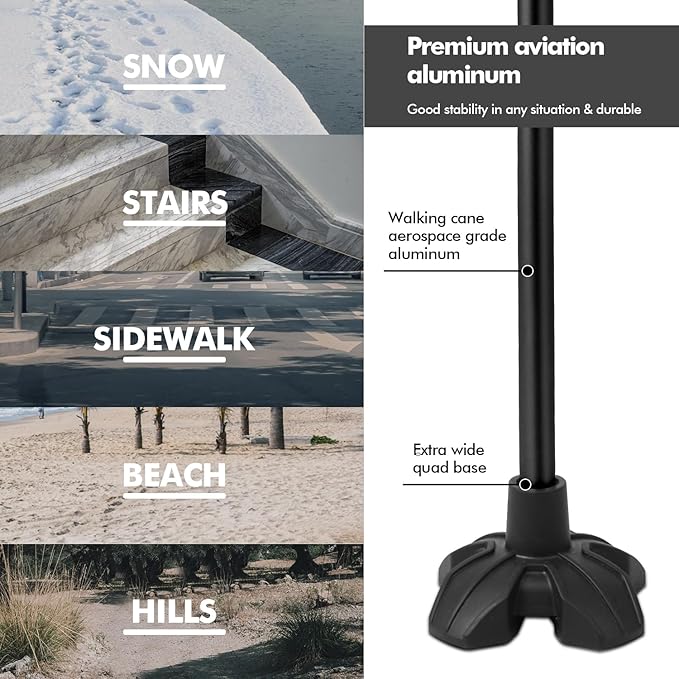 KINGGEAR F1 Walking Stick, Walking Cane for Women & Men, Self Standing Walkers for Seniors with Wrist Strap, Lightweight & Sturdy Offset EVA Handle and Large Quad Base