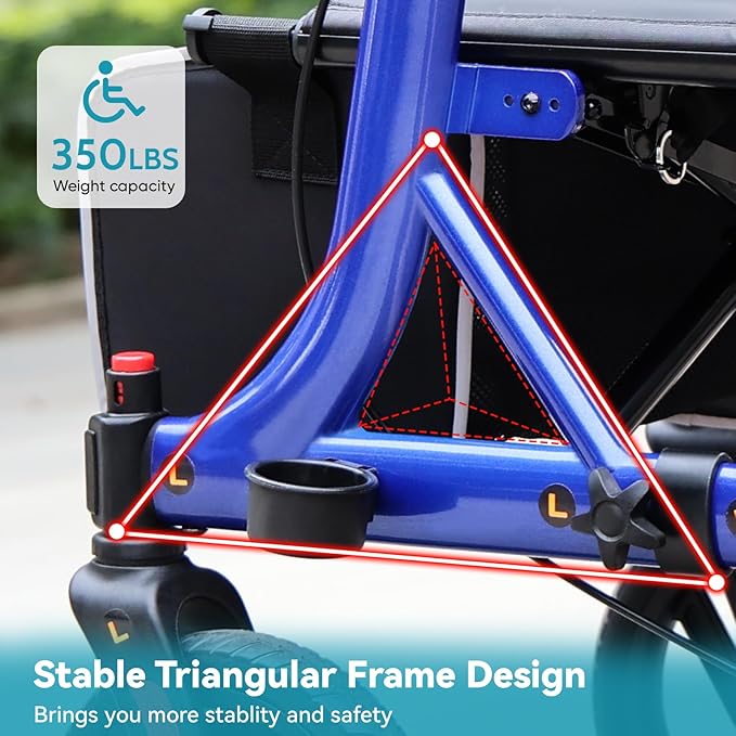 Rollator Walkers for Seniors, 10" Big Rubber Wheels All Terrain Rollator Walker with Adjustable Backrest and Handles, 350 Lbs, Cup Cane Holder, Foldable Lightweight Walker with Seat for Seniors Blue