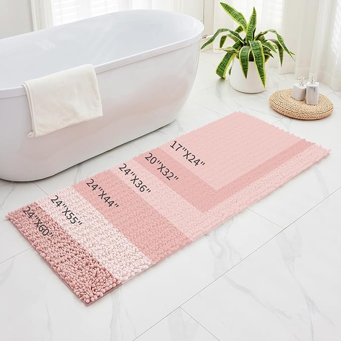 Bathroom Runner Rug 24x60 Non Slip Washable Long Bath Mat for Tub Thick Soft Absorbent Bathroom Floor Mat Large Chenille Bath Rug for Shower, Pink