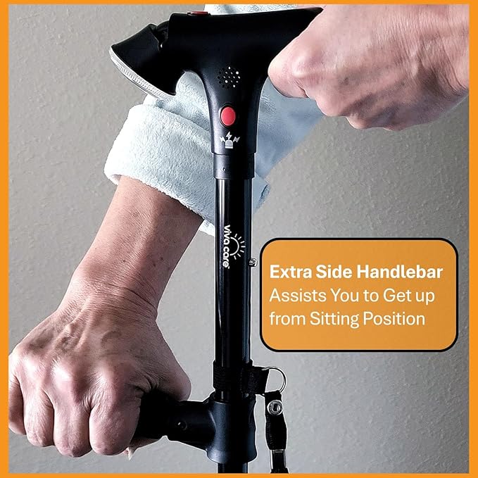 VIVA CARE Walking Cane with Light & Alarm - Foldable, Adjustable, Lightweight, for Balance & Stability for Adults, Seniors, and Injured. [Black]