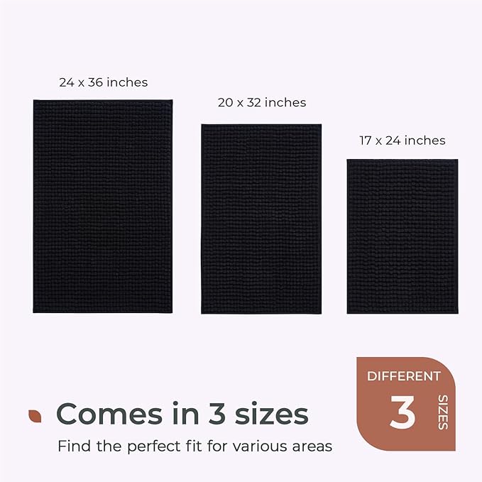 FRESHMINT Thick Chunky Chenille Bathroom Rugs 24"x36", Non Slip Bath Mat for Bathroom Floor, Large Soft Bathroom Decor Accessories, Cute Shower Mat Water Absorbent, Washable, Black