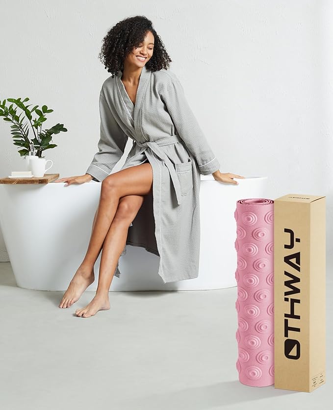 OTHWAY No Suction Cup Bath Mat: 39x16inch Extra Long Bathmat│Perfect for Refinished Bathtub Mat│Made of Nature Rubber│a Blessing for The Elderly and Children (Pink)