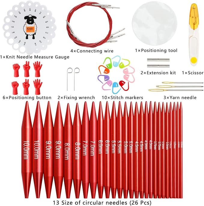 Looen 57 pcs Aluminum Circular Knitting Needles Set with Ergonomic Handles,13 Size Interchangeable Crochet Needles with Storage Case for Small Project (Style 1 New Red)