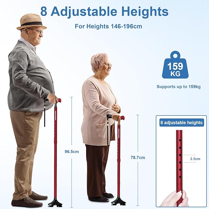 KingPavonini Walking Cane for Men Women Stability, Free Standing Foldable Cane, Ergonomic Handle Pivoting Quad Base, Heavy Duty 350 LBs, Adjustable Walking Canes for Seniors Balance with Travel Bag