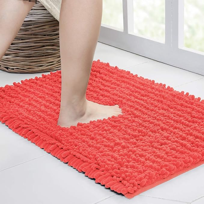 Walensee Large Bathroom Rug Non Slip Bath Mat (24x60 Inch Coral) Water Absorbent Super Soft Shaggy Chenille Machine Washable Dry Extra Thick Perfect Absorbant Best Plush Carpet for Shower Floor