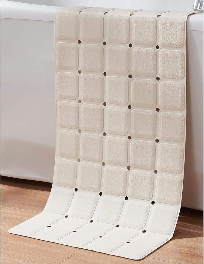 Non-Slip Bath Mat for Tub & Shower：Silicone Foldable Bathtub Mat with Strong Suction Cups, Quick Drain Holes, Machine Washable Extra Large Bathroom Mats 35.8" x 17.7", Beige
