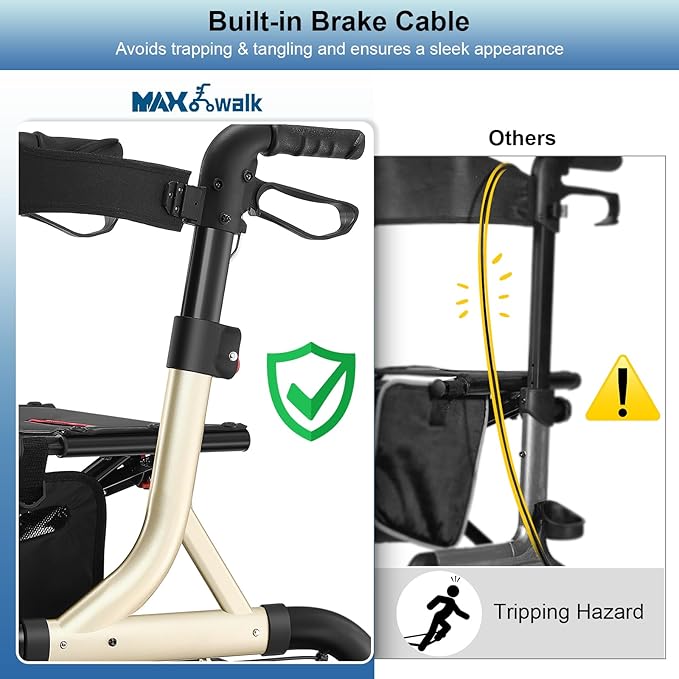 Walkers for Seniors, Rollator Walker with Seat, 12" Big Rubber Wheels All Terrain Rollator Walker with Backrest, Built-in Cable, Cup Holder, Foldable and Height Adjustment for Seniors, Gold