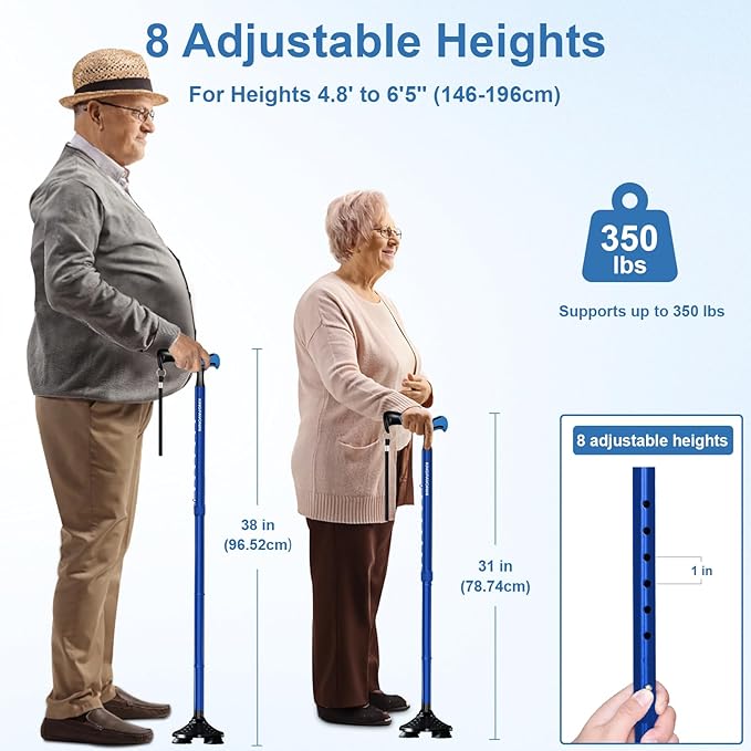 KingPavonini Walking Cane for Men Women Stability, Free Standing Foldable Cane, Ergonomic Handle Pivoting Quad Base, Heavy Duty 350 LBs, Adjustable Walking Canes for Seniors Balance with Travel Bag