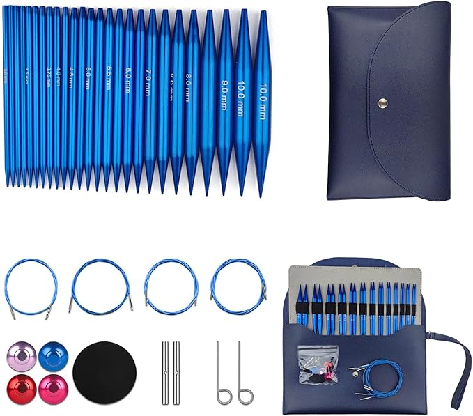 Hzkokon Knitting Needles Set Interchangeable Aluminum Circular Knitting Needles Set 13 Pairs of 4 Inch Premium Aluminum Needles & Accessories Blue
