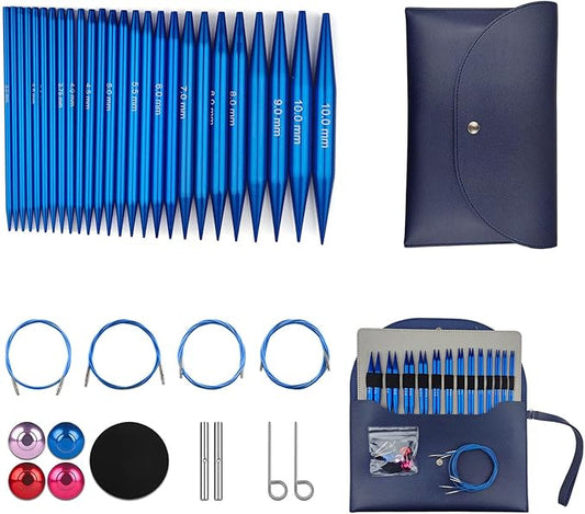 Hzkokon Knitting Needles Set Interchangeable Aluminum Circular Knitting Needles Set 13 Pairs of 4 Inch Premium Aluminum Needles & Accessories Blue
