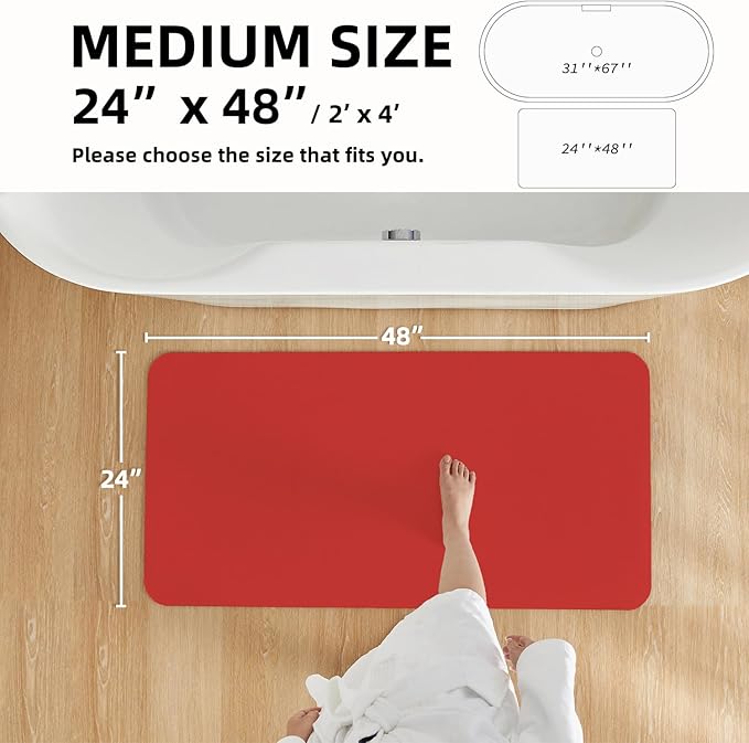 Christmas Bath Mat, Red Bathroom Rugs Non Slip Washable Thin Absorbent Bath Mat Fits Under Door Bathroom Floor Mat Perfect for Bath, Shower, or Sink 24"x48" Red