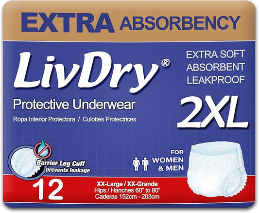 LivDry Adult XXL Incontinence Underwear, Extra Absorbency Adult Diapers, Leak Protection, XX-Large, 12-Pack