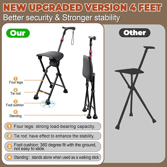 HZZEDNG-Hold 400 lbs Folding Canes with Seat, Allows Durability While Walking and Convenience for Sitting, Aluminum Portable Anti-Slip Cane Seat, Height-Adjustable Walking Cane
