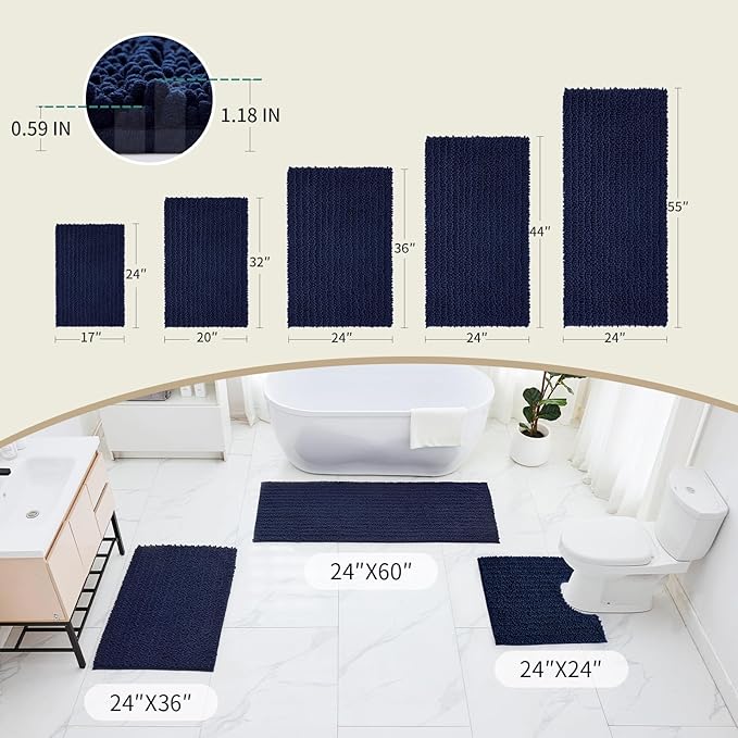 Bathroom Runner Rug 24x70 Non Slip Washable Long Bath Mat for Tub Thick Soft Absorbent Bathroom Floor Mat Large Chenille Bath Rug for Shower, Navy