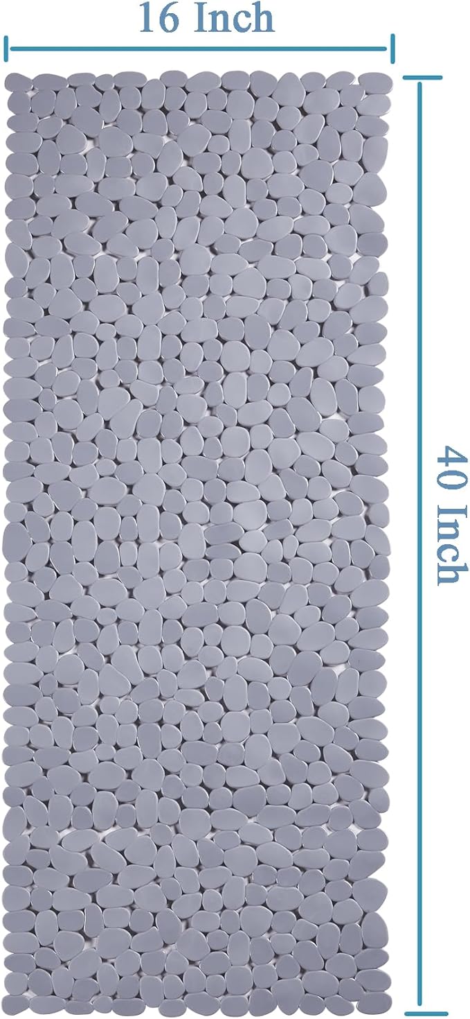 Bath Shower Mat Non Slip: Extra Large Pebble Bathtub mat for Families, Anti Slip Shower Matt with Drain Holes Suction Cups Tub Mat - 16 X 40 Inch Grey
