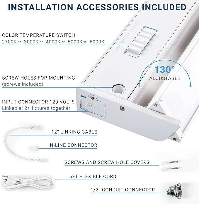 PARMIDA LED Swivel Under Cabinet Lighting, Hardwired or Plug-in Installation, 32 Inch, 18W, 5CCT Color Selectable - 2700K/3000K/4000K/5000K/6000K, Rotatable Lens, Dimmable, Linkable, 120V, 1440LM, ETL