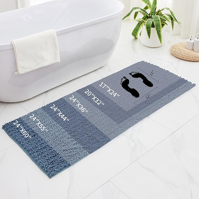 Small Bathroom Rug Non Slip Washable Blue Bath Mat 17x24 Super Absorbent Soft Bathroom Floor Mat Chenille Bath Rug for Shower Tub
