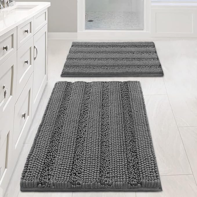 Non Slip Thick Shaggy Chenille Bathroom Rug Mat Set Extra Soft and Absorbent Striped Floor Rugs, 2 Piece, Machine-Washable
