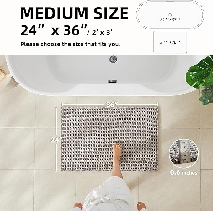 Waffle Bath Mat, Boho Bathroom Rugs Non Slip Washable Super Absorbent Quick Dry Bath Mat Farmhouse Bathroom Decor, 36"x24" Light Grey