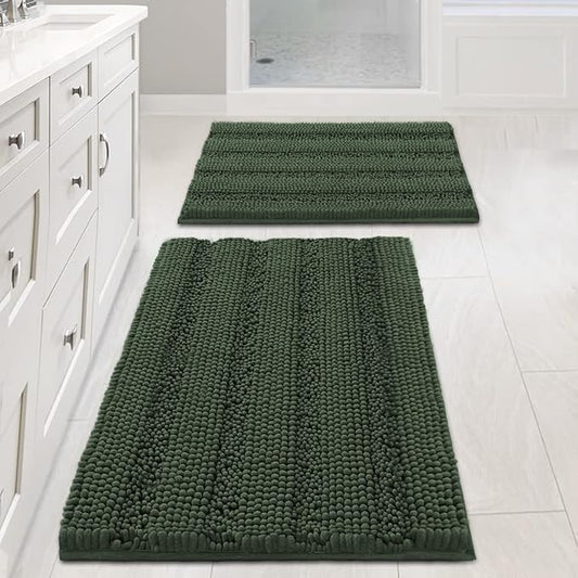 H.VERSAILTEX Extra Thick Chenille Striped Pattern Bath Rugs for Bathroom Non Slip - Soft Plush Shaggy Mats Floor, Indoor Entryway (Bronze Green, 32 x 20 Plus 24 17 Inches)