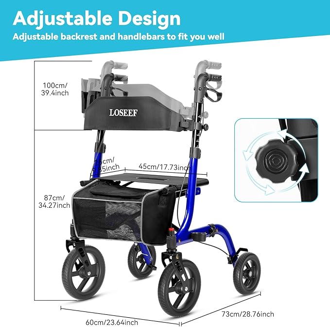 Foldable Rollator Walkers With Seat For Seniors, 10" Big Rubber Wheels All Terrain Rollator Walker With Adjustable Backrest And Handles, 350 Lb, Cup Holder, Lightweight 4 Wheel Walker For Seniors Blue