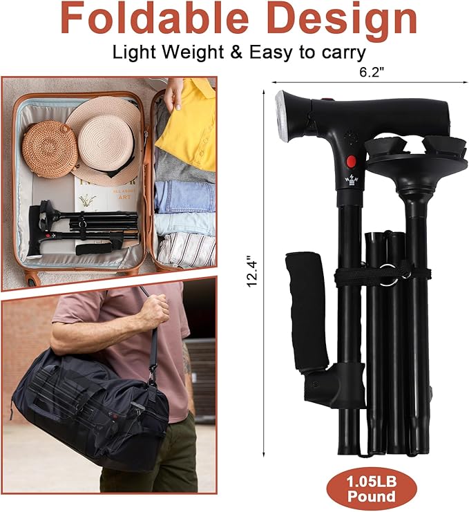Walking Cane with LED Light & Alarm, Adjustable Smart Walking Cane with Side Handle Quad Base, Foldable Free Standing Walking Stick, Mobility Aid Provides Balance for Arthritis Disabled & Elderly