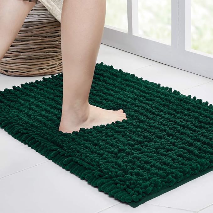 Walensee Bathroom Rug Non Slip Bath Mat (44x24 Inch Hunter Green) Water Absorbent Super Soft Shaggy Chenille Machine Washable Dry Extra Thick Perfect Absorbant Best Large Plush Carpet For Shower Floor