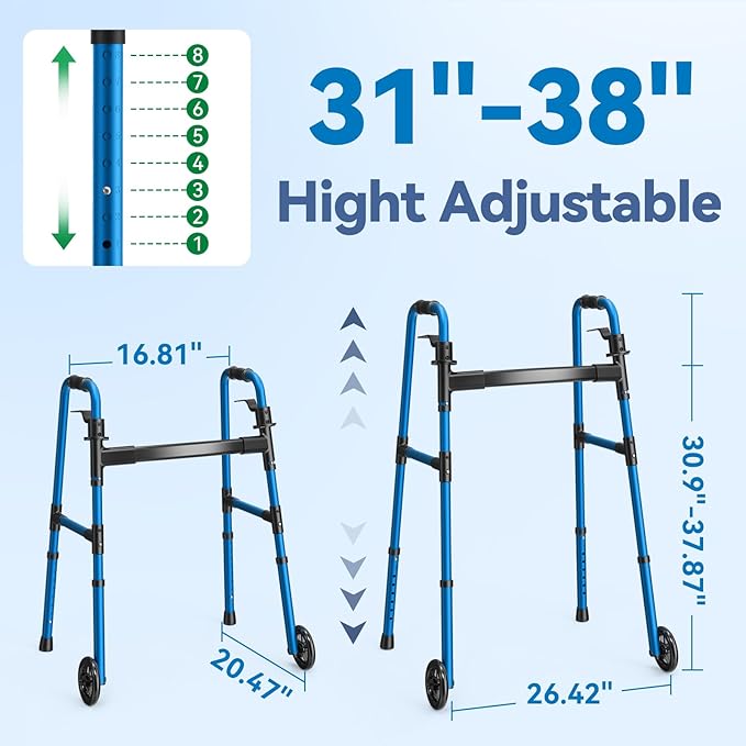 Folding Walker with 2 Skis and 5" Wheels, Lightweight Walkers for Seniors and Adults, Supports Up to 350 Pounds, Adjustable Height, Compact Standard Walker, Blue
