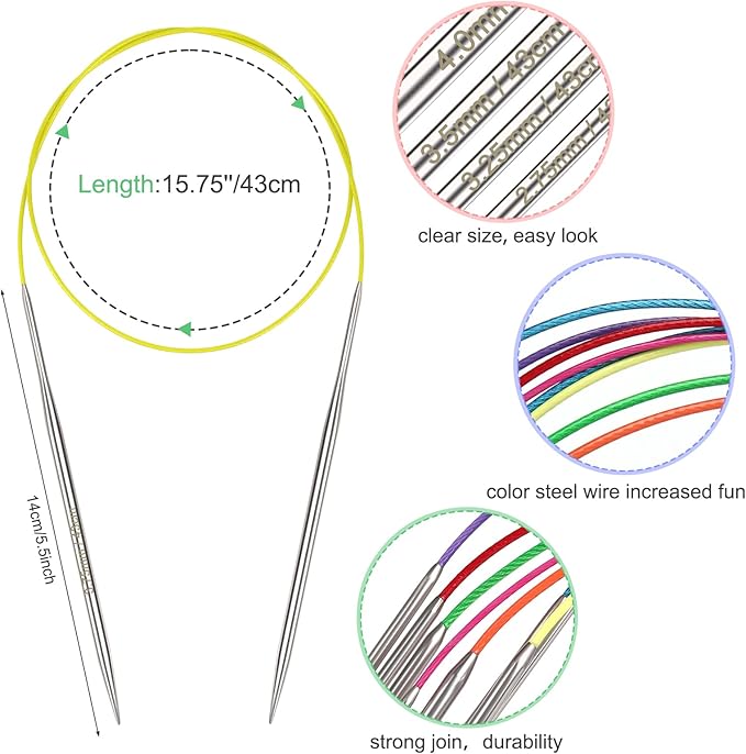 Katech 16.93 inch (43cm) Circular Knitting Needles Set, 2.75mm-5.00mm Stainless Steel Knitting Needles with Cables, 7 Sizes Short Round Needle for Sweaters, Hats, Socks, Scarves