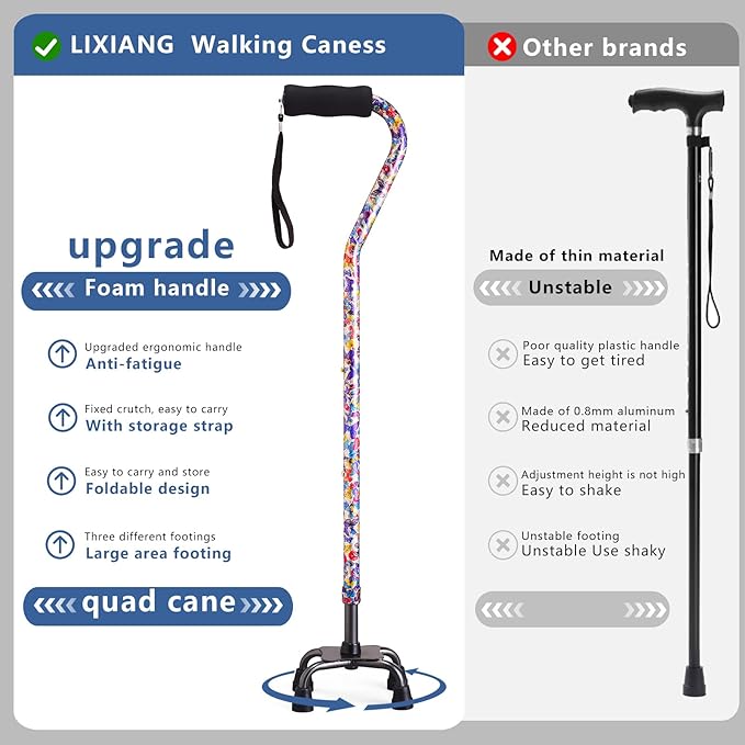 Walking Cane for Women & Men, Adjustable Quad Cane with 4-Prong Base for Stability and Balance, Folding Aluminum Walking Stick for Seniors