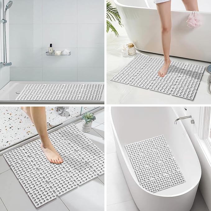 Shower Mat Non Slip，24"X24" Bathtub Mat Non Slip Square Shower Mats for Inside Shower with Drain Holes Suction Cups, Quick Drain, TPE Shower Floor Mat for Elderly & Kids (Light Gray)