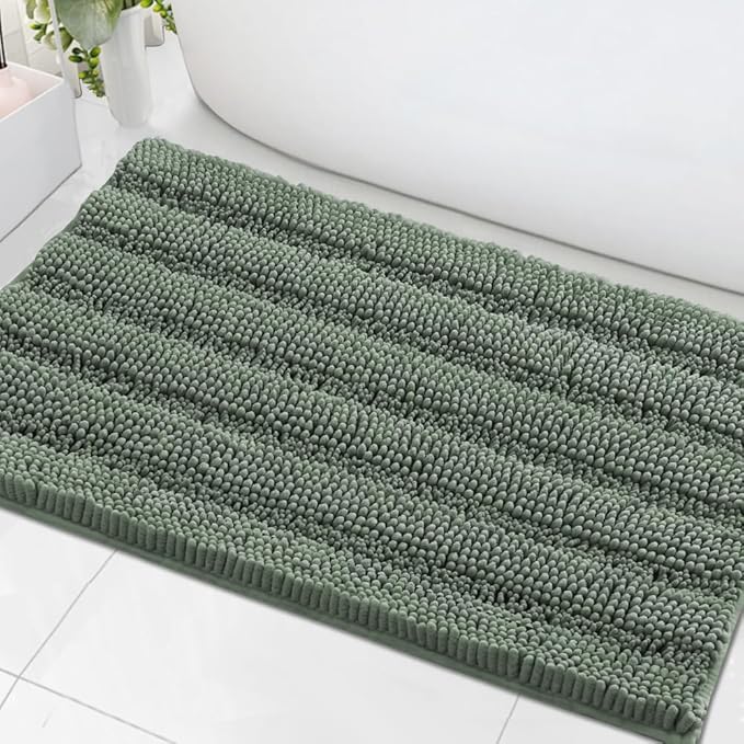 H.VERSAILTEX Bath Mats for Bathroom Non Slip Extra Thick Chenille Striped Bath Rug 24" x 36" Absorbent Non Skid Fluffy Soft Shaggy Rugs Washable Dry Fast Plush Mats for Indoor, Bath Room - Green Bay
