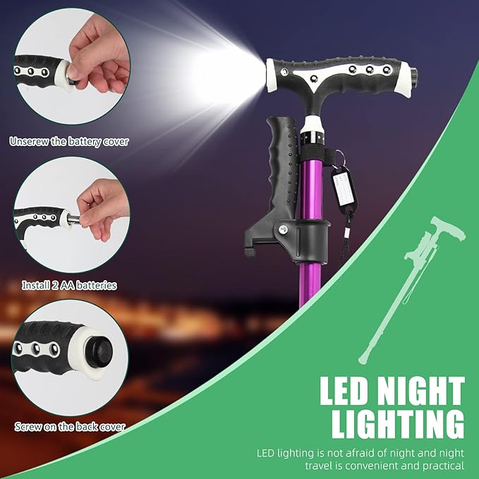 Hold 440 Lbs Walking Cane for Men & Women Aluminum Alloy Lightweight Height Adjustable Walking Stick Heavy Duty Foldbale Free Standing Cane with LED for Seniors Adults