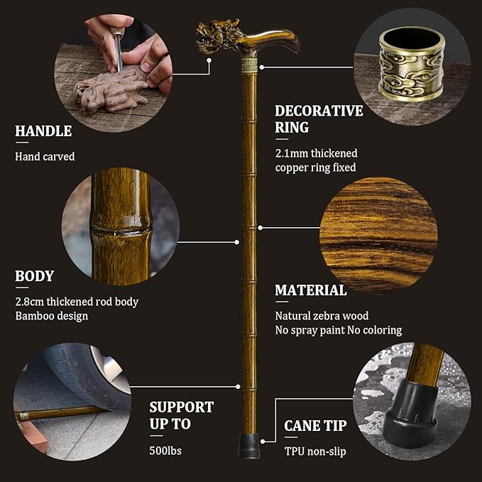 Wooden Cane, Hand Carved High-end Walking Cane for Men and Women, Lightweight Design Support Up to 500lbs Dragon Canes for Seniors, Suitable for Discerning Personal and Gift Use