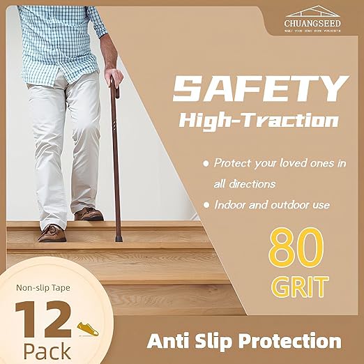 CHUANGSEED 12-Pack Non-Slip Stair Traction Tape 4''x30'' -80 Grit Outdoor Treads Grip Tape- Waterproof Heavy Duty Anti Skid Strips for Steps,Deck,Staircase
