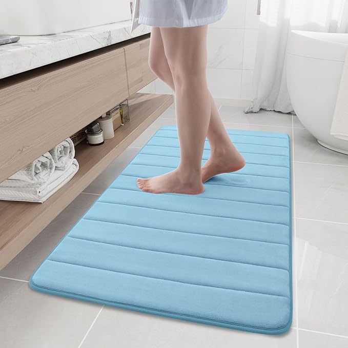 Buganda Memory Foam Bath Mat, 47" x 24", Ultra Soft and Non-Slip Bathroom Rugs, Water Absorbent and Machine Washable Bath Rug Runner for Bathroom, Shower, and Tub, Blue