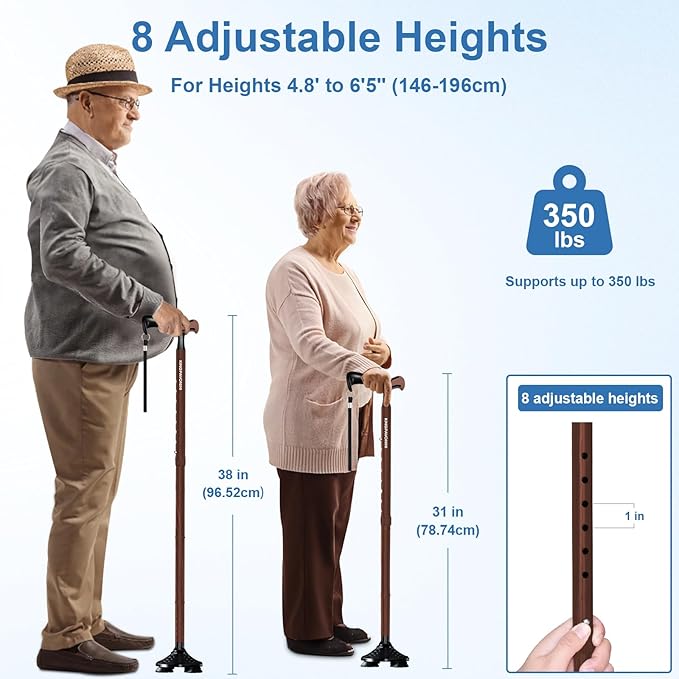 KingPavonini Walking Cane for Men Women Stability, Free Standing Foldable Cane, Ergonomic Handle Pivoting Quad Base, Heavy Duty 350 LBs, Adjustable Walking Canes for Seniors Balance with Travel Bag