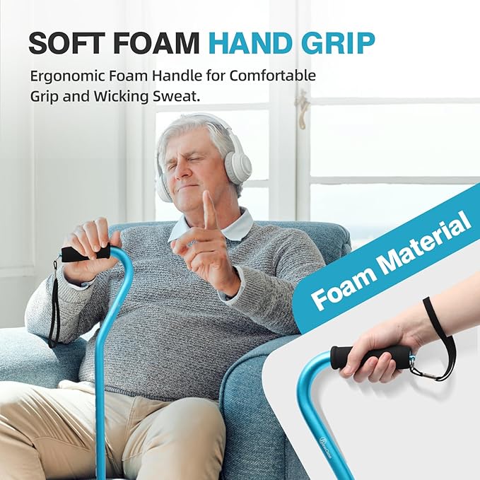 BeneCane Quad Cane Adjustable Walking Cane with Offset Soft Cushioned Handle for Men & Women Lightweight Comfortable with 4-Pronged feet for Extra Stability