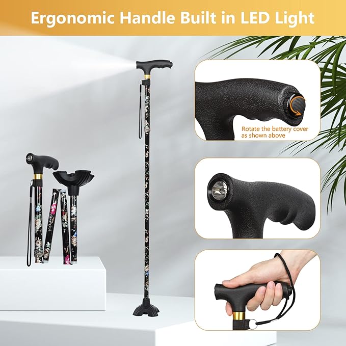 Walking Cane with LED Light, Foldable,Adjustable, Self Standing Walking Canes for Men & Women,Walking Sticks with Quad Base for Seniors & Adults